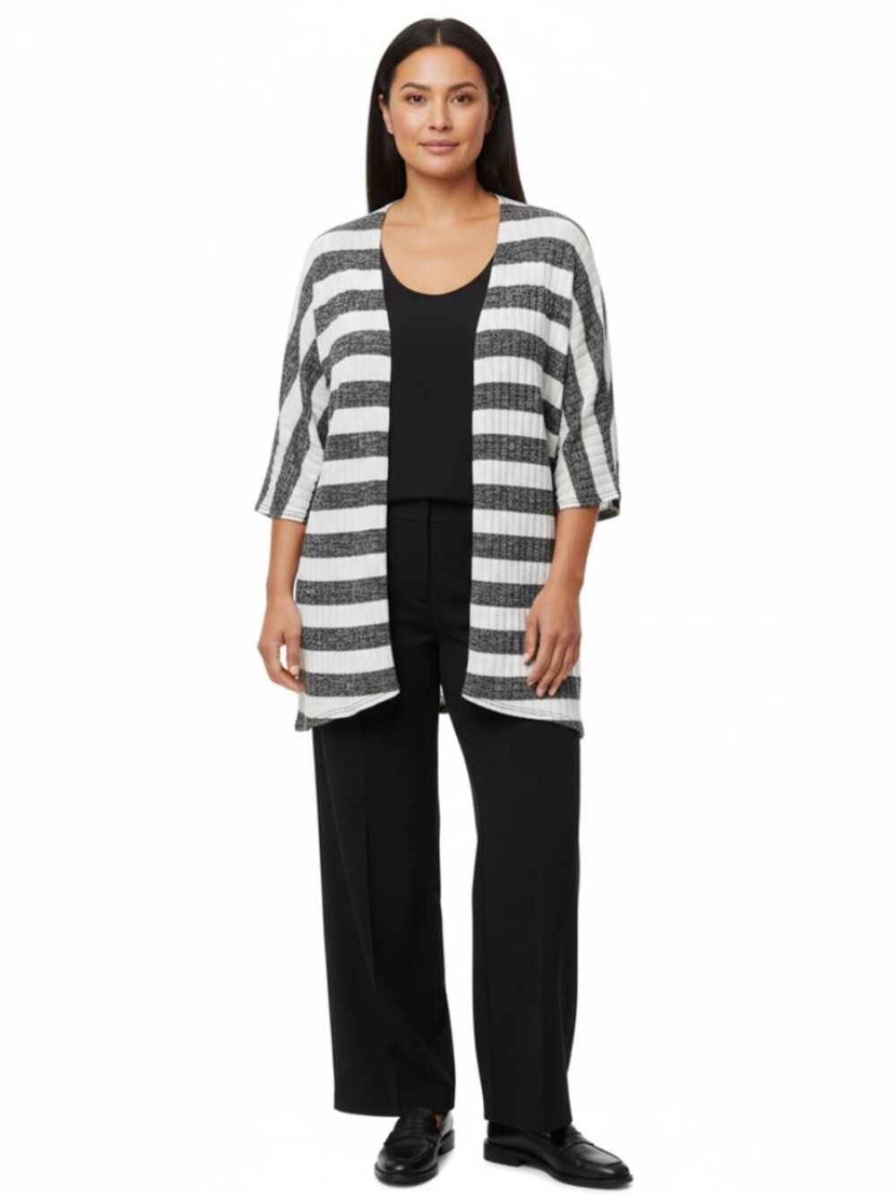 LulaRoe Lindsay Kimono Cardigan Womens M Stretchy Ribbed Grey/Black Stripe Hi-Lo - Picture 1 of 14